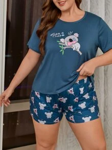 Plus Cartoon Graphic Tee & Shorts PJ Set - Blue - View 1