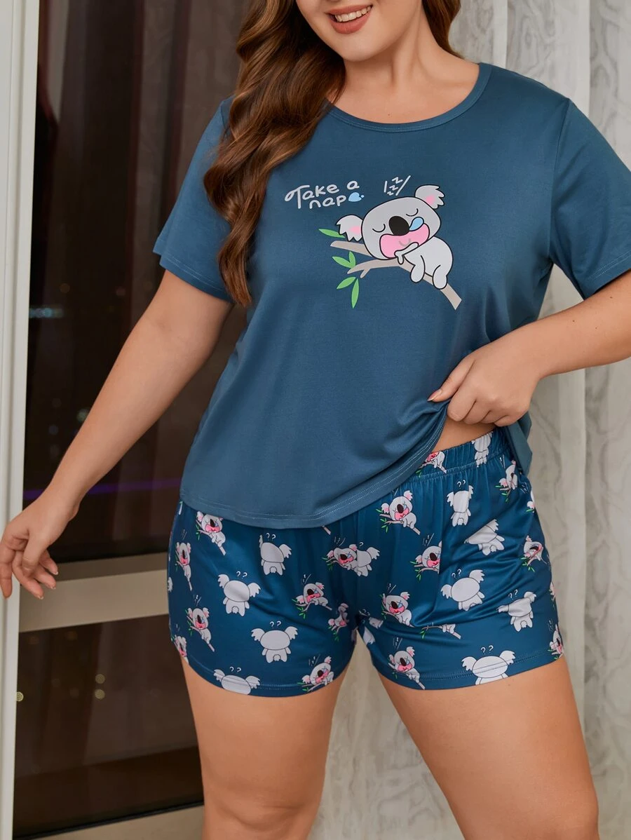 Plus Cartoon Graphic Tee & Shorts PJ Set - Blue - View 1