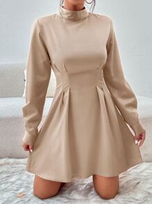 SHEIN Privé Mock Neck Plicated Detail Satin Dress - Khaki - View 4