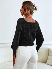 SHEIN Essnce 麻花編織插肩袖套頭毛衣 - 黑色 - 查看 2