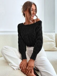 SHEIN Essnce 麻花編織插肩袖套頭毛衣 - 黑色 - 查看 3