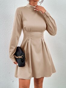 SHEIN Privé Mock Neck Plicated Detail Satin Dress - Khaki - View 6