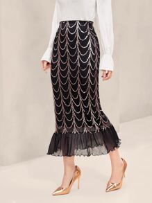 Modelyn Sequin Decor Fishtail Hem Mesh Overlay Skirt - Black - View 1