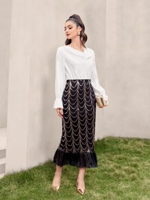 Modelyn Sequin Decor Fishtail Hem Mesh Overlay Skirt - Black - View 2