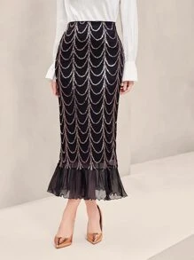 Modelyn Sequin Decor Fishtail Hem Mesh Overlay Skirt - Black - View 3