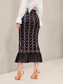 Modelyn Sequin Decor Fishtail Hem Mesh Overlay Skirt - Black - View 4