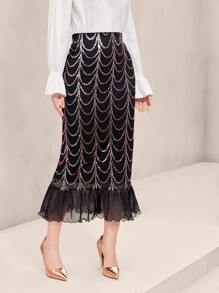 Modelyn Sequin Decor Fishtail Hem Mesh Overlay Skirt - Black - View 5