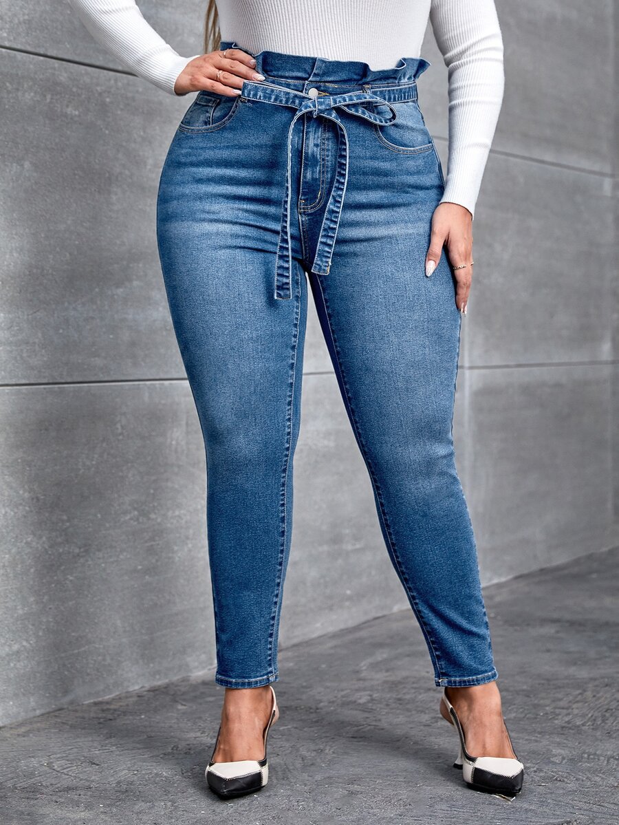 大碼紙袋腰腰帶緊身牛仔褲 - 中等水洗藍 - 查看 1