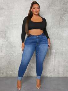 SHEIN SXY Plus High Waist Skinny Jeans - Medium Wash - View 3