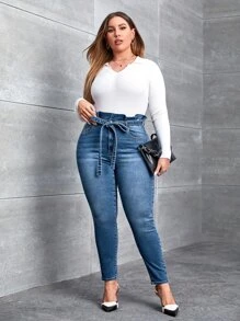 大碼紙袋腰腰帶緊身牛仔褲 - 中等水洗藍 - 查看 4