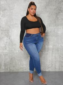 SHEIN SXY Plus High Waist Skinny Jeans - Medium Wash - View 5