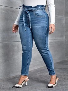 大碼紙袋腰腰帶緊身牛仔褲 - 中等水洗藍 - 查看 5