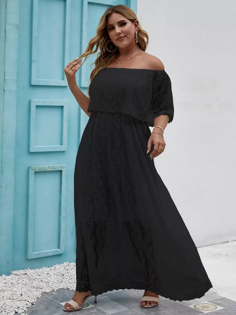 SHEIN LUNE Plus Lace Overlay Bardot A-line Dress - Black - View 1