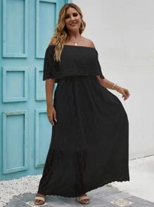 SHEIN LUNE Plus Lace Overlay Bardot A-line Dress - Black - View 4