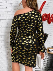 Calvaya Plus Gold Heart Print Asymmetrical Neck Bodycon Dress - Multicolor - View 2