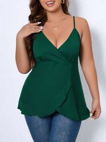 SHEIN Franclia Áo hai dây Plus Size Trọn gói Lộ Lưng Viên lá sen màu trơn Giải trí - Màu xanh lá cây đậm - Xem 3