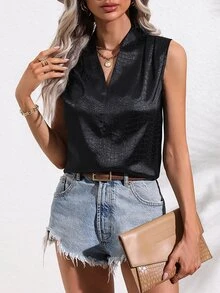 SHEIN LUNE Notched Neck Sleeveless Blouse - Black - View 2