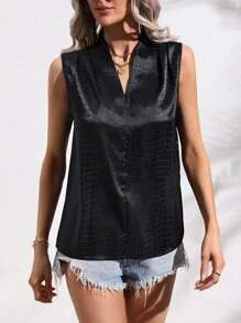 SHEIN LUNE Notched Neck Sleeveless Blouse - Black - View 6