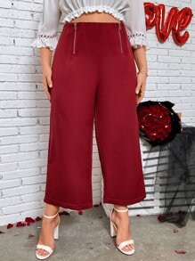 Calvaya Plus Zip Fly Wide Leg Trousers - Burgundy - View 5