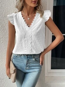 SHEIN LUNE Blusa de lunares panel con encaje de manga mariposa - Blanco - Ver 4