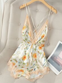 Floral Print Lace Trim Satin Cami Romper - Beige - View 1