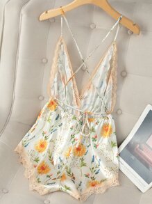 Floral Print Lace Trim Satin Cami Romper - Beige - View 2