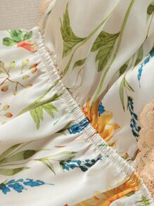 Floral Print Lace Trim Satin Cami Romper - Beige - View 5