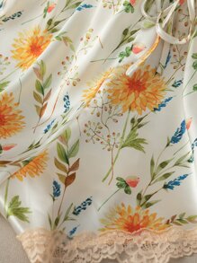 Floral Print Lace Trim Satin Cami Romper - Beige - View 6