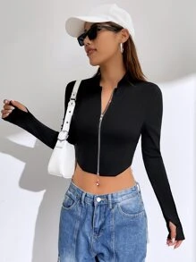 SHEIN EZwear 拉鏈開襟拇指孔短夾克 - 黑色 - 查看 4