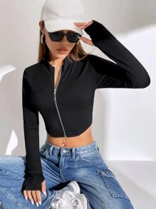 SHEIN EZwear 拉鏈開襟拇指孔短夾克 - 黑色 - 查看 5