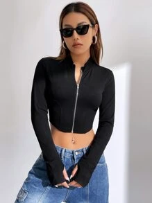 SHEIN EZwear 拉鏈開襟拇指孔短夾克 - 黑色 - 查看 6