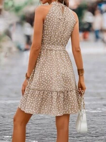 Breezaya Allover Print Ruffle Hem Belted Halter Dress - Khaki - View 2