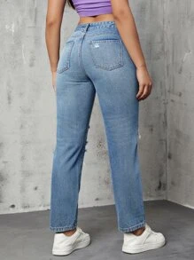 Ripped Mom Fit Jeans - Medium Wash - View 3
