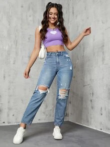 Ripped Mom Fit Jeans - Medium Wash - View 1