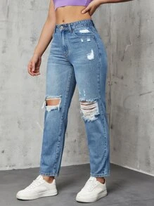 Ripped Mom Fit Jeans - Medium Wash - View 6