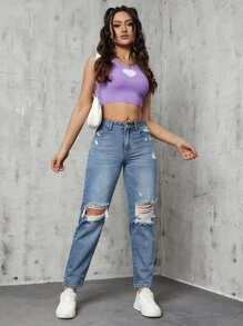 Ripped Mom Fit Jeans - Medium Wash - View 4