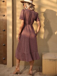 Breezaya Ditsy Floral Knot Side Wrap Dress Burgundy Maxi Vacation Beach Outfits Women - Burgundy - View 2