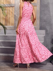 SHEIN VCAY Allover Print Belted Halter Dress - Pink - View 2