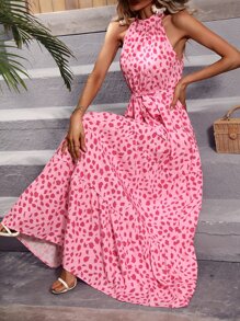 SHEIN VCAY Allover Print Belted Halter Dress - Pink - View 4