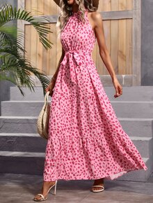 SHEIN VCAY Allover Print Belted Halter Dress - Pink - View 6