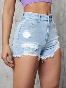 SHEIN ICON Ripped Raw Hem Denim Shorts - Light Wash - View 4