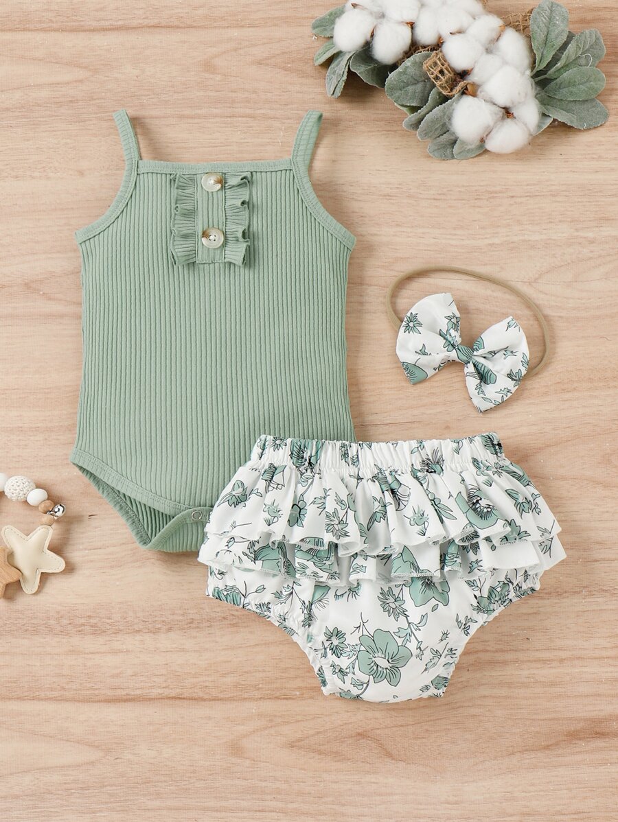 Baby Girl Button Detail Cami Bodysuit & Floral Ruffle Shorts & Headband - Multicolor - View 1