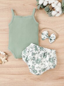 Baby Girl Button Detail Cami Bodysuit & Floral Ruffle Shorts & Headband - Multicolor - View 2