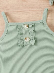 Baby Girl Button Detail Cami Bodysuit & Floral Ruffle Shorts & Headband - Multicolor - View 5