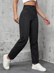 High Waist Mom Fit Jeans - Black - View 3