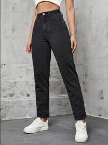 High Waist Mom Fit Jeans - Black - View 4