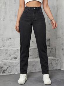 High Waist Mom Fit Jeans - Black - View 5