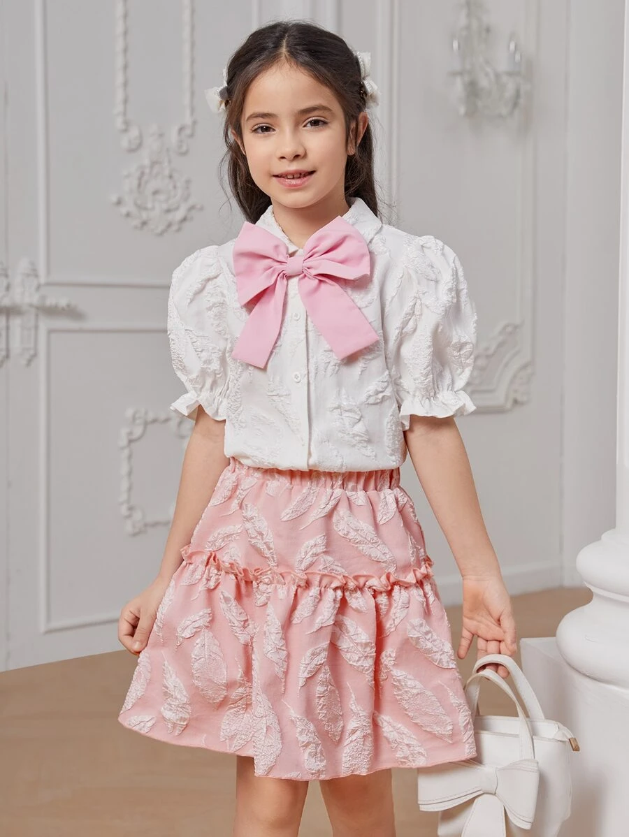 Chicas 1 pieza Camisa hoja jacquard con lazo delantero de manga farol ribete fruncido - Blanco - Ver 1