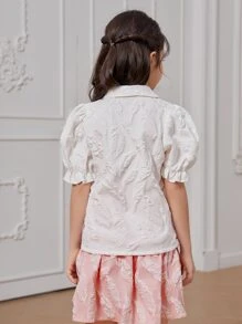 Chicas 1 pieza Camisa hoja jacquard con lazo delantero de manga farol ribete fruncido - Blanco - Ver 2