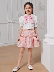 Chicas 1 pieza Camisa hoja jacquard con lazo delantero de manga farol ribete fruncido - Blanco - Ver 3